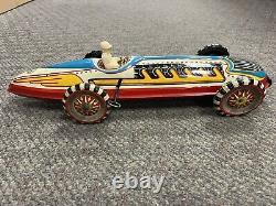 + Vintage Marx Tin Litho Boat Tail Racer with Driver 16 1/2 Long Working