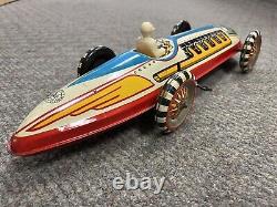 + Vintage Marx Tin Litho Boat Tail Racer with Driver 16 1/2 Long Working