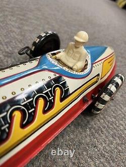 + Vintage Marx Tin Litho Boat Tail Racer with Driver 16 1/2 Long Working