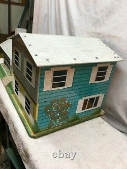 Vintage Marx Tin Litho Dollhouse Metal Two Story Bi Level Mid Century Doll House