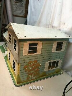 Vintage Marx Tin Litho Dollhouse Metal Two Story Bi Level Mid Century Doll House