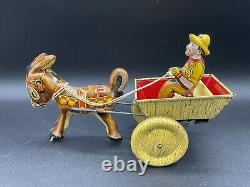 Vintage Marx Tin Litho Donkey, Cart & Driver. Wind Up Toy. Works