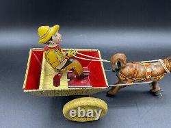 Vintage Marx Tin Litho Donkey, Cart & Driver. Wind Up Toy. Works