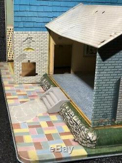 Vintage Marx Tin Litho Metal Doll House Working Door Stairs Awning Doorbell