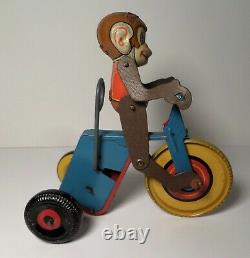 Vintage Marx Tin Litho Monkey Cyclist on Tricycle / Bicycle Windup