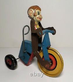 Vintage Marx Tin Litho Monkey Cyclist on Tricycle / Bicycle Windup