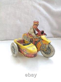 Vintage Marx Tin Litho Motorcycle With Sidecar, Wind Up #3 Police Squad