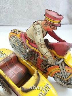 Vintage Marx Tin Litho Motorcycle With Sidecar, Wind Up #3 Police Squad