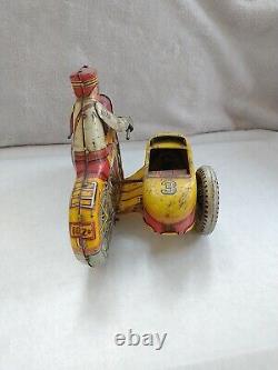 Vintage Marx Tin Litho Motorcycle With Sidecar, Wind Up #3 Police Squad