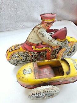 Vintage Marx Tin Litho Motorcycle With Sidecar, Wind Up #3 Police Squad