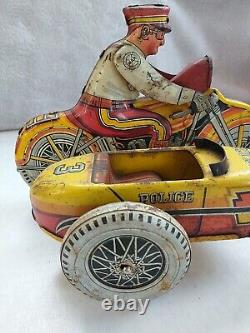 Vintage Marx Tin Litho Motorcycle With Sidecar, Wind Up #3 Police Squad