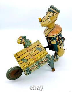 Vintage Marx Tin Litho Popeye Express Wind-up Push Cart & Parrot 1930s. Works