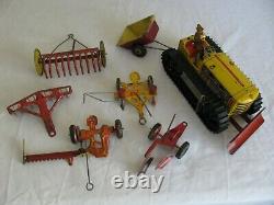 Vintage Marx Tin Litho Wind Up Caterpillar Farm Tractor with Implements Works! VG