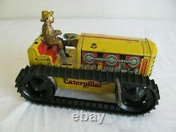 Vintage Marx Tin Litho Wind Up Caterpillar Farm Tractor with Implements Works! VG