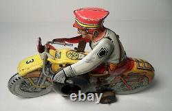 Vintage Marx Tin Litho Wind Up Rookie Police Cop Motorcycle with Siren WORKS