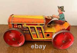 Vintage Marx Tin Litho Wind Up Tractor with Driver & 6 Accessories