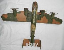 Vintage Marx Tin Litho Wind-up 4 prop Camouflaged Bomber Airplane