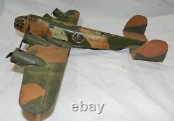 Vintage Marx Tin Litho Wind-up 4 prop Camouflaged Bomber Airplane