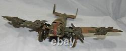 Vintage Marx Tin Litho Wind-up 4 prop Camouflaged Bomber Airplane