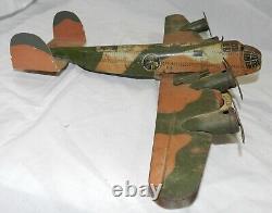 Vintage Marx Tin Litho Wind-up 4 prop Camouflaged Bomber Airplane