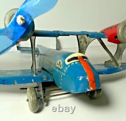 Vintage Marx Tin Litho Windup Blue & Red Biplane Airplane U. S. Mail Plane 18