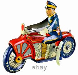 Vintage Marx Tin Litho Windup Police Cop Tin Motorcycle Very Clean