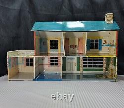 Vintage Marx Tin Metal 2 Story Dollhouse Lithograph Toy with Patio