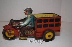 Vintage Marx Tin Speed Boy Delivery Motorcycle Cart Wind-Up Toy
