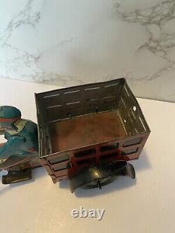 Vintage Marx Tin Speed Boy Delivery Motorcycle Cart Wind-Up Toy Red Truck