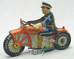 Vintage Marx Tin Wind Up Toy Police Motorcycle Excellent Condition