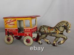 Vintage Marx Toy Town Dairy Horse Drawn Wagon Wind Up Tin Toy