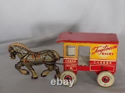 Vintage Marx Toy Town Dairy Horse Drawn Wagon Wind Up Tin Toy