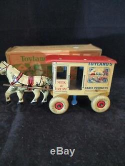 Vintage Marx Toyland Milk Tin Horse Wagon Wind Up Toy With Box Working