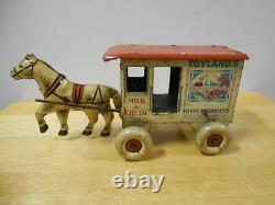 Vintage Marx Toylands Farm Products Horse & Delivery Wagon Tin Wind Up Toy