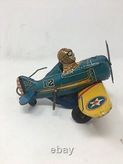 Vintage Marx Toys 1940's Tin Wind Up Rollover Airplane Blue/Yellow Works