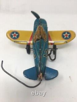 Vintage Marx Toys 1940's Tin Wind Up Rollover Airplane Blue/Yellow Works