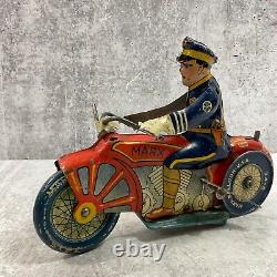 Vintage Marx Toys Litho Tin Motorcycle Cop Wind Up Police Bike USA Rare