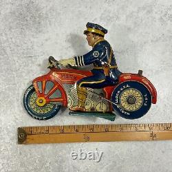 Vintage Marx Toys Litho Tin Motorcycle Cop Wind Up Police Bike USA Rare