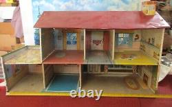 Vintage Marx Toys Tin Litho 2-Story Doll House and Furniture, 6 Rooms and Patio