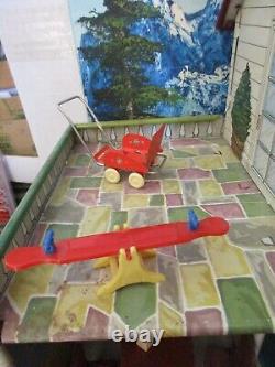 Vintage Marx Toys Tin Litho 2-Story Doll House and Furniture, 6 Rooms and Patio