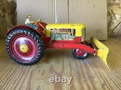 Vintage Marx Tractor With Plow & Driver Tin Litho Graphics Very Nice Condition