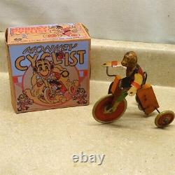 Vintage Marx U. S. A. Tin Monkey Cyclist + Box, Wind Up Toy