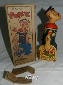 Vintage Marx Walking Popeye Tin Litho Wind-Up Toy with original Box, Working