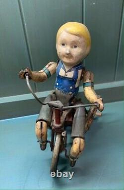 Vintage Marx Wonder Cyclist Tin Wind Up Toy Boy on Tricycle - 1930's