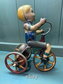 Vintage Marx Wonder Cyclist Tin Wind Up Toy Boy on Tricycle - 1930's