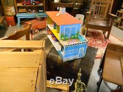 Vintage Marx style Tin Litho Metal Dollhouse 2 Story with some furniture