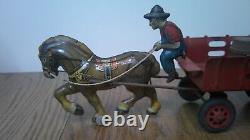 Vintage Marx toy tin litho farm horse and wagon with barrels and driver Z120