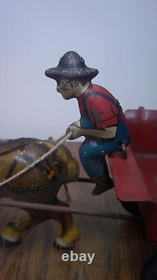 Vintage Marx toy tin litho farm horse and wagon with barrels and driver Z120