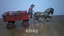 Vintage Marx toy tin litho farm horse and wagon with barrels and driver Z120