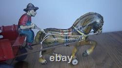 Vintage Marx toy tin litho farm horse and wagon with barrels and driver Z120